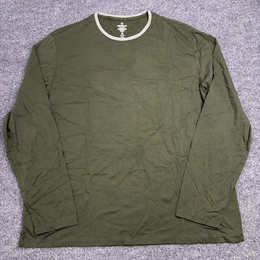 Bombas Mens 2XL Pima Cotton Long Sleeve T Shirt Olive Green Crew Neck Ringer